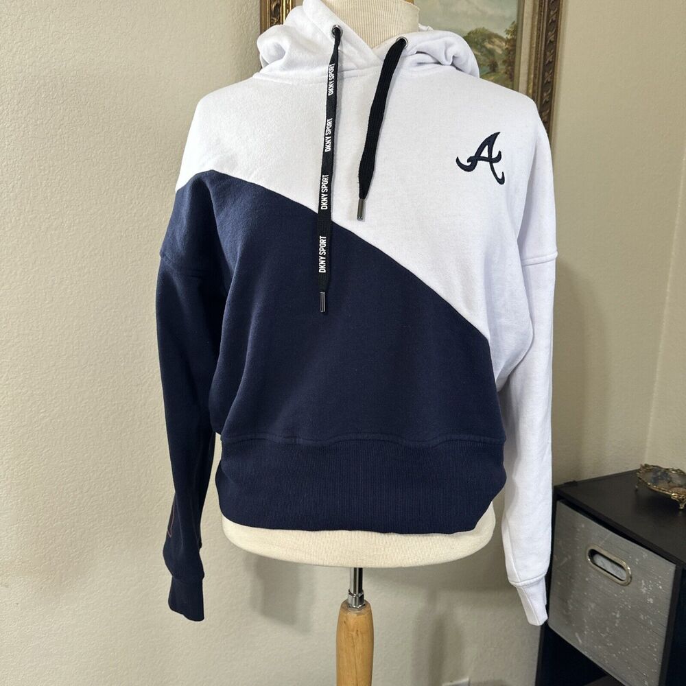 DKNY Sport Women's Atlanta Braves Color Blocked Pullover Hoodie - White/Navy Lg